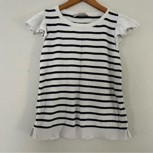 Loft Cream Blue Stripes Lace Ruffle Sleeves Sweater Top Blouse Small